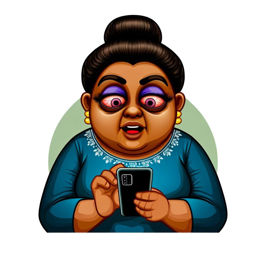Cartoon South Asian Woman Captivated by Smartphone