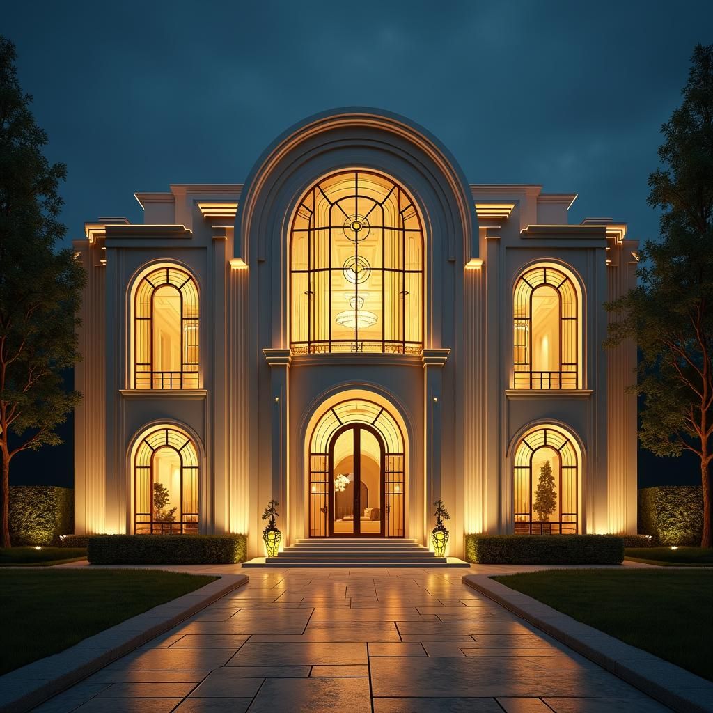 Art Deco Mansion at Night in Art Nouveau Style