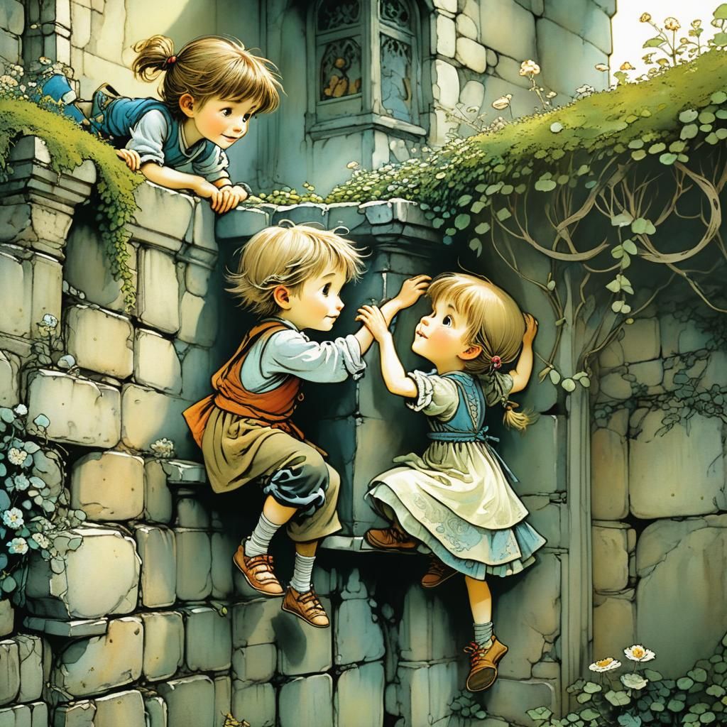 Children Climbing Wall in Illustrative Style