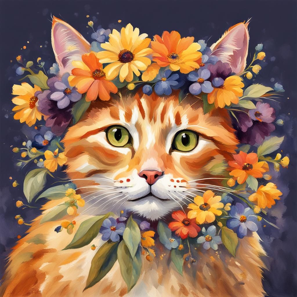 Happy Ginger Cat with Floral Crown, Watercolor Style