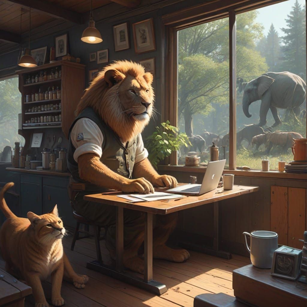 Tech-Savvy Canine Overlords Code in Bustling Cafe