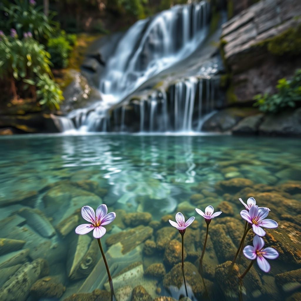 Lavender Blooms on a Serene Waterfall