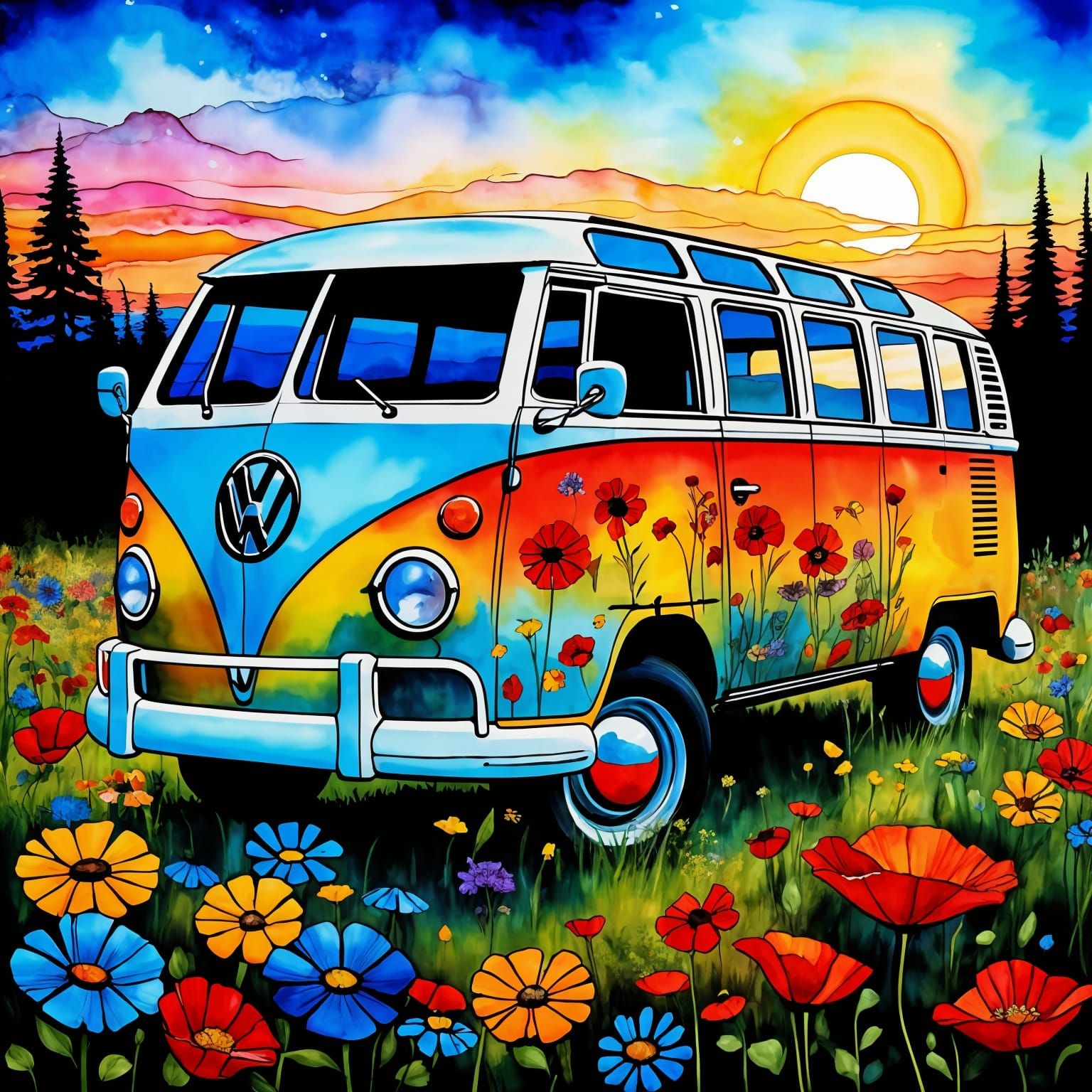 Vintage VW Bus in Wildflower Field: Alcohol Ink Art