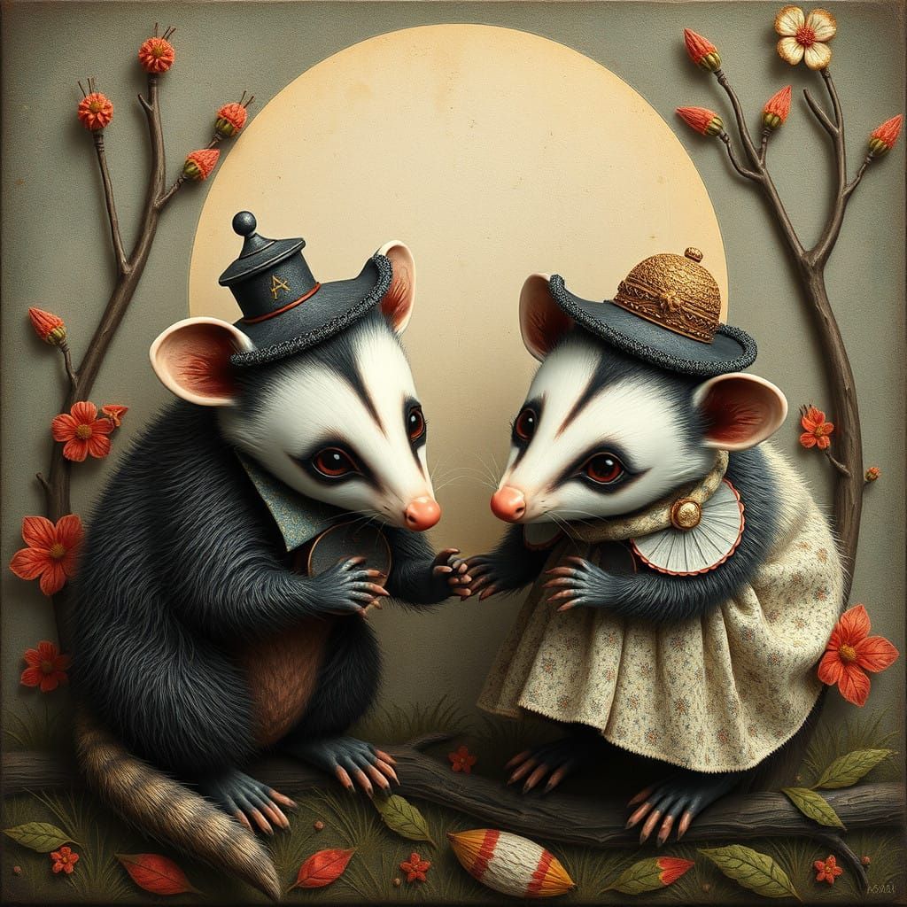 Whimsical Opossum Couple in Folk Art Style