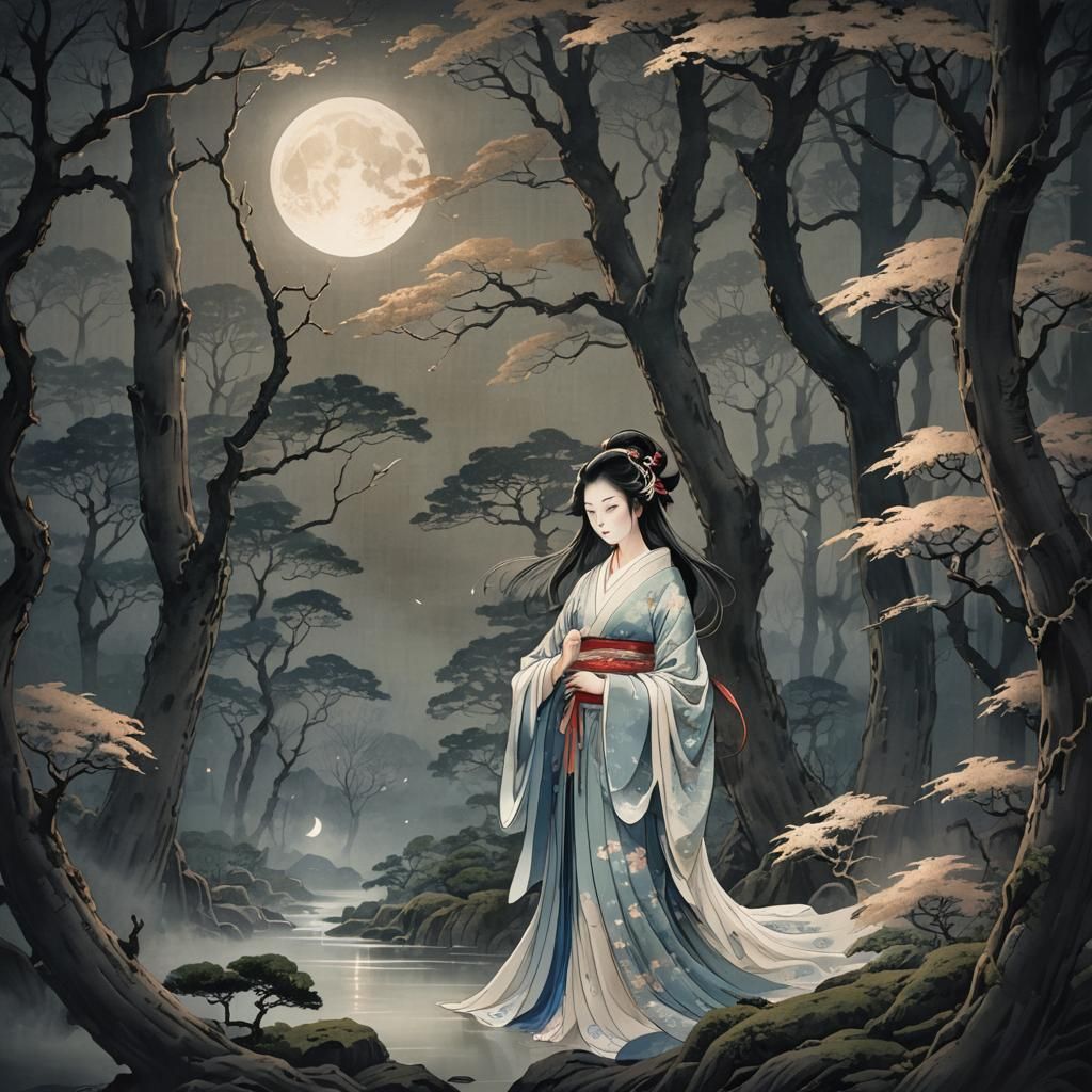 Tsukuyomi in Moonlit Forest: Japanese Art