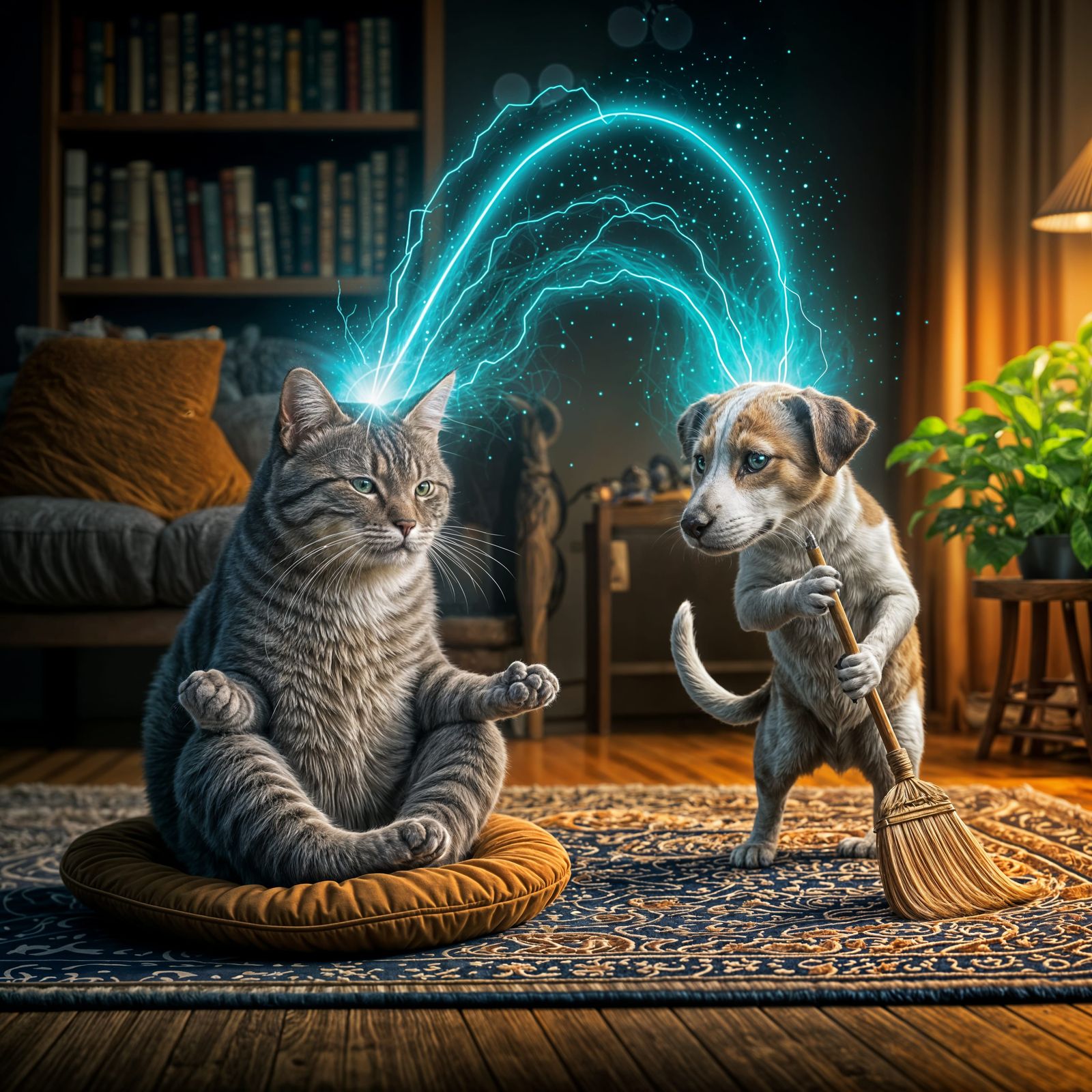 Mystical Feline Mind Control Scene in Warmly Lit Sanctuary