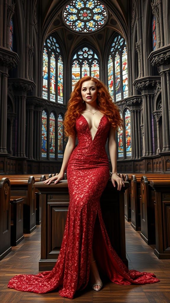 Red-Haired Woman in Gothic Cathedral, Dark Surrealism