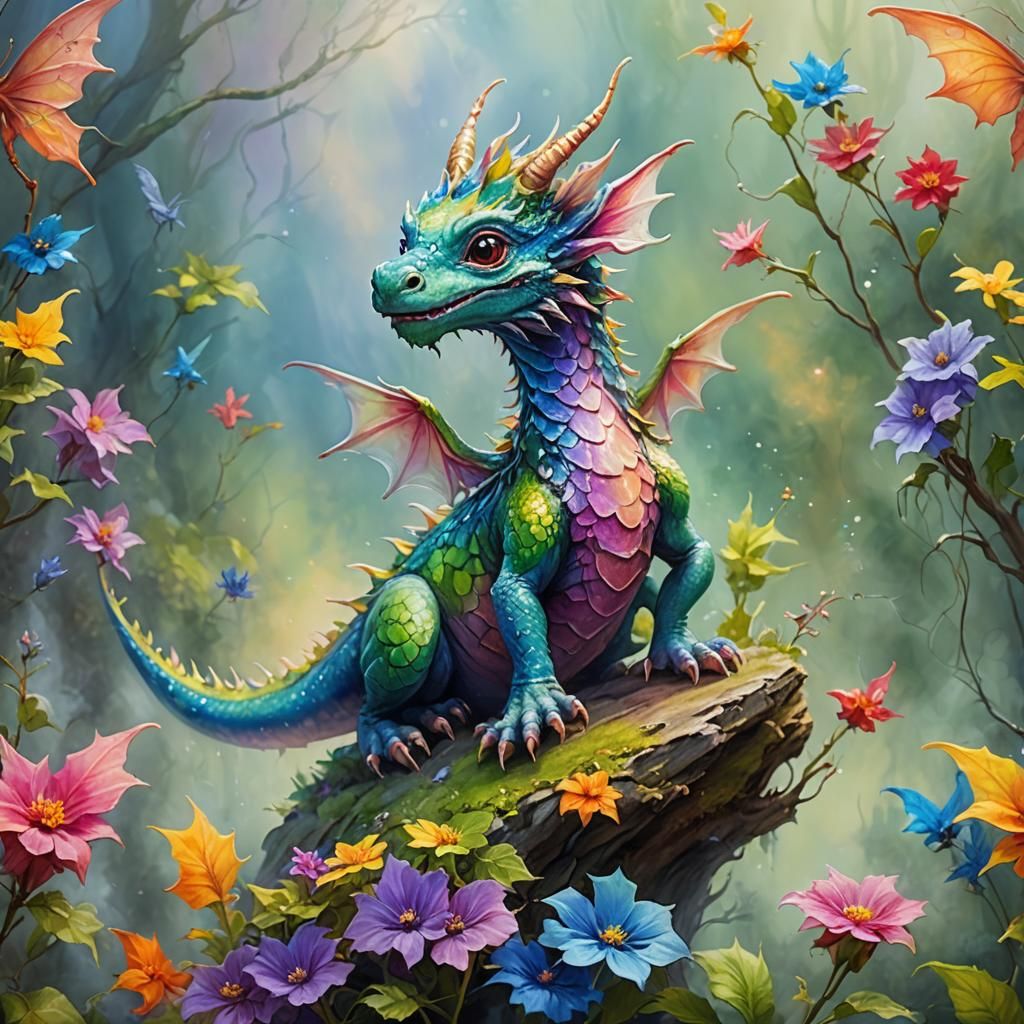 Colorful Fairy Dragon in Oil Paint Style