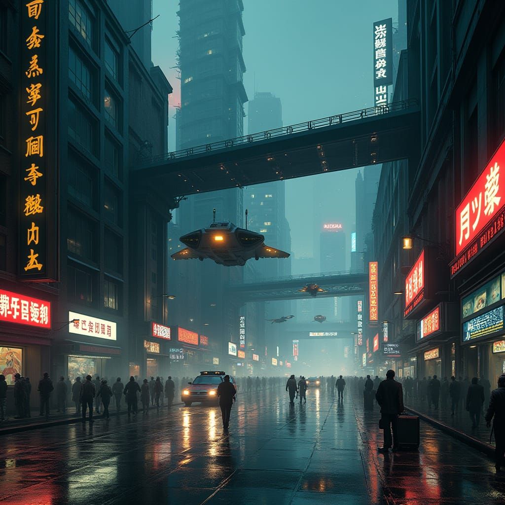 Cyberpunk Cityscape at Night with Flying Vehicles