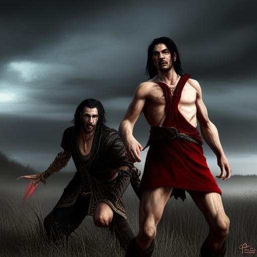 Cain Slaying Abel: Hyperrealistic Gothic Scene