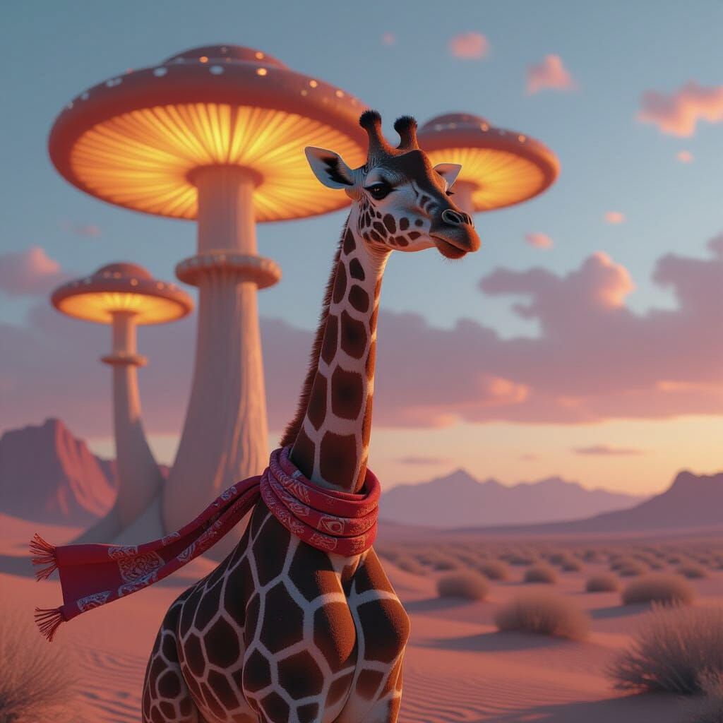 Giraffe in Scarf Under Giant Glowing Toadstools