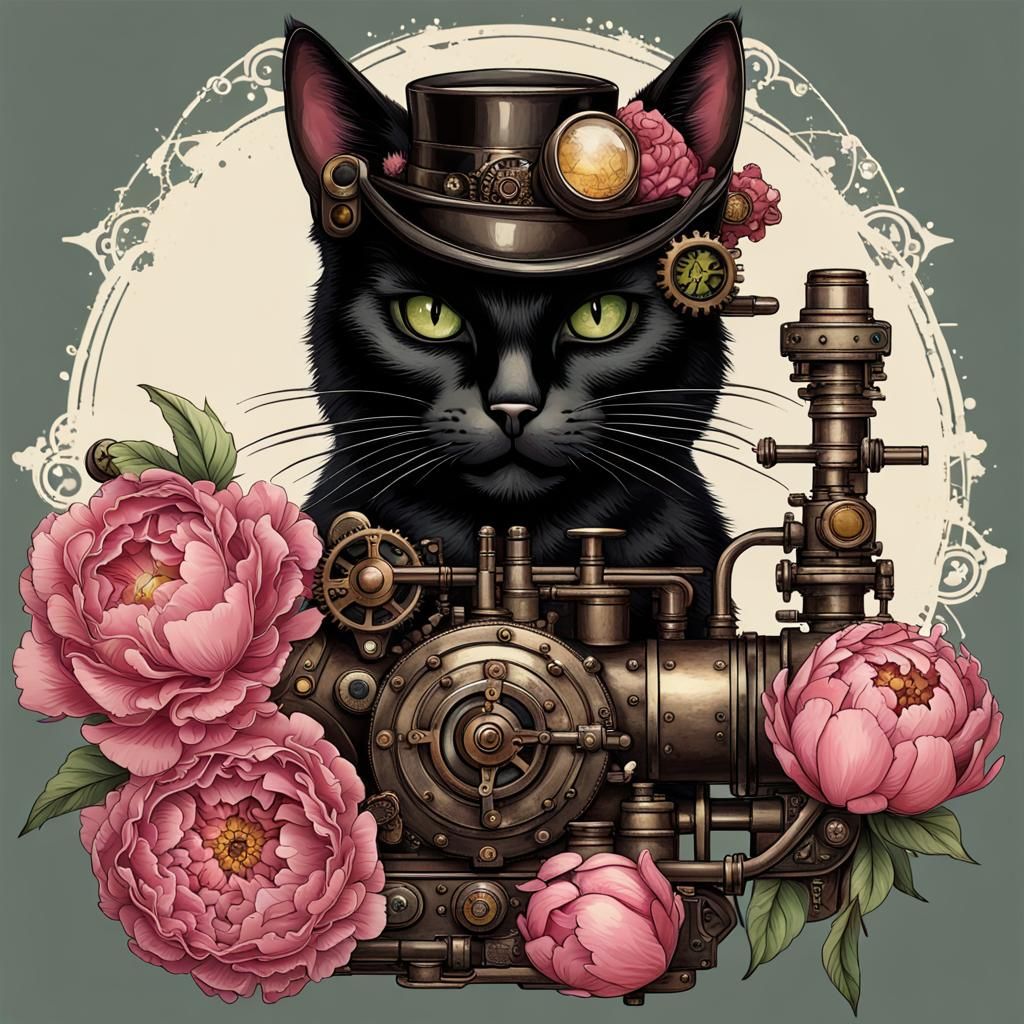 Steampunk Cat Holding Peony Flower