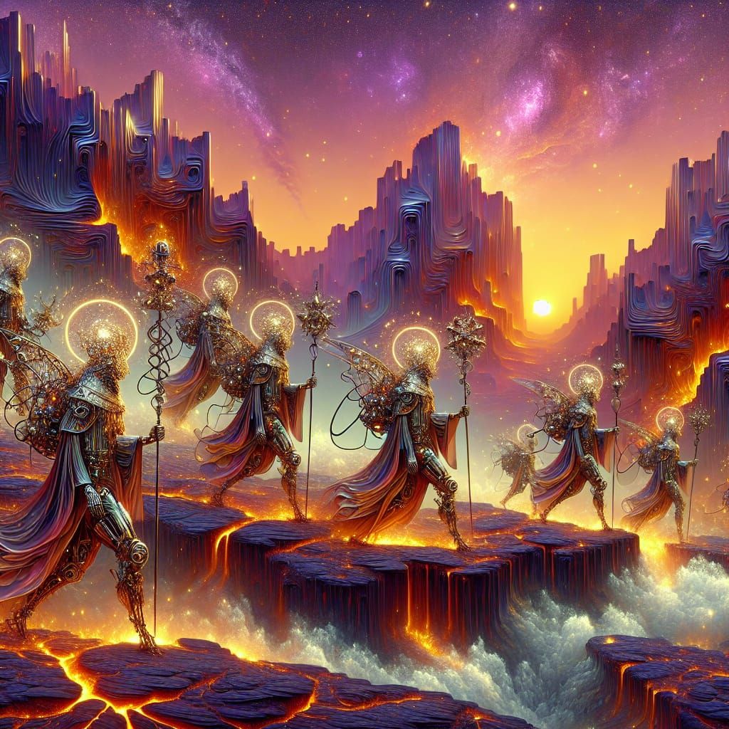 Mechanical Pilgrims in Volcanic Wasteland at Sunset