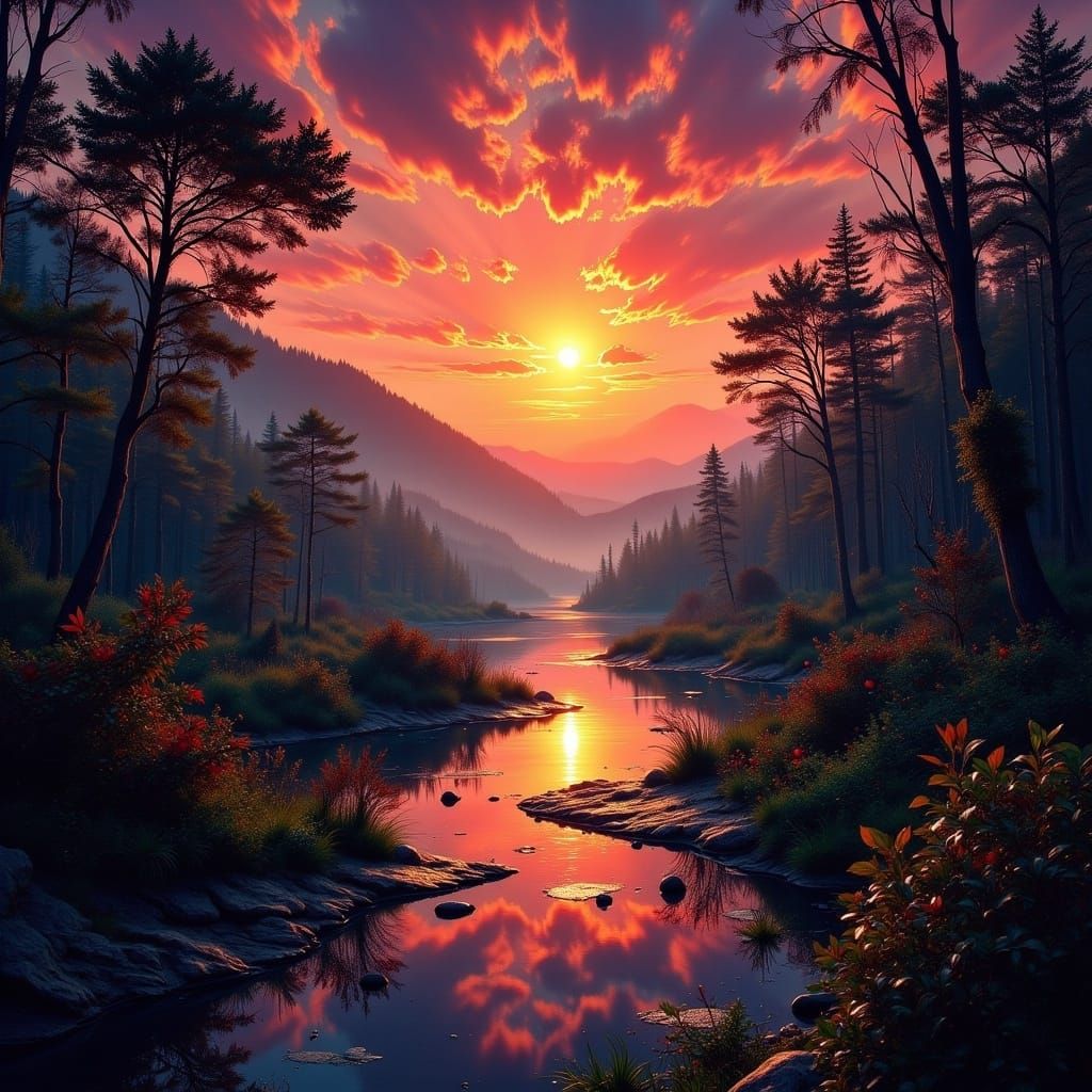 Mystical Rainforest Sunset Under Blood Moon