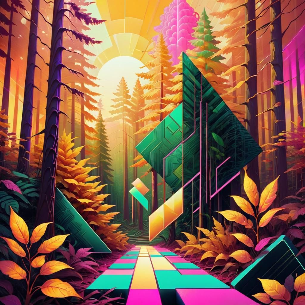 Vaporwave Forest at Golden Hour in Cubist Style