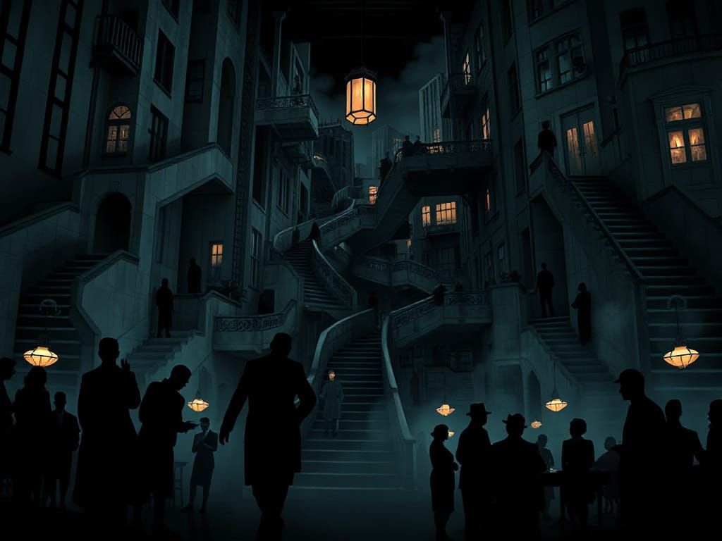 Secret Speakeasy in Impossible Cityscape, Film Noir Style