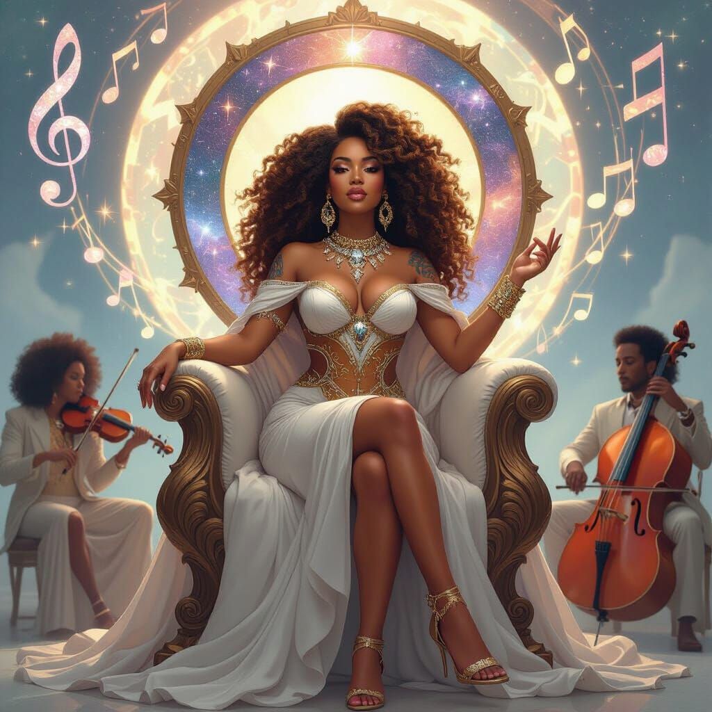 Afro-Latina Goddess on Galaxy Throne, in Afrofuturism Style