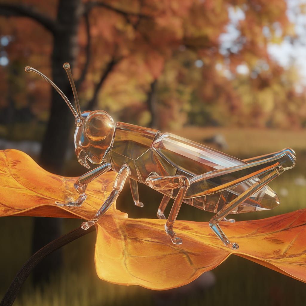 Glass Crystal Grasshopper on Autumn Leaf