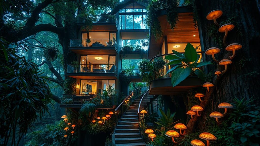 Ethereal Luxury Treehouse in a Vibrant, Bioluminescent Garde...