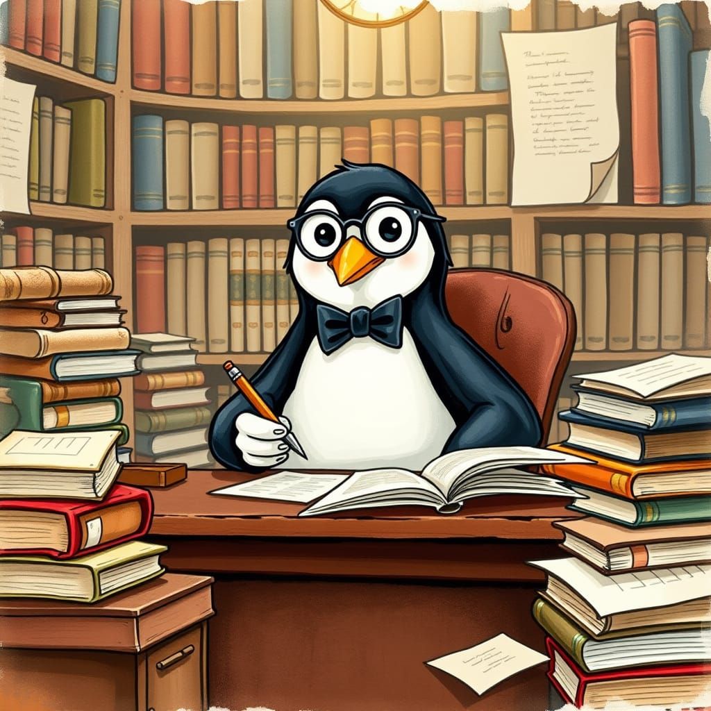 Elegant Penguin Scholar in Vintage Library Setting