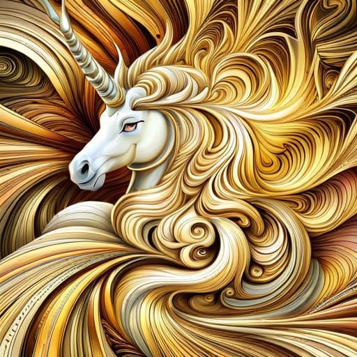 Golden Unicorn in Enchanted Garden with Abstract Elements
