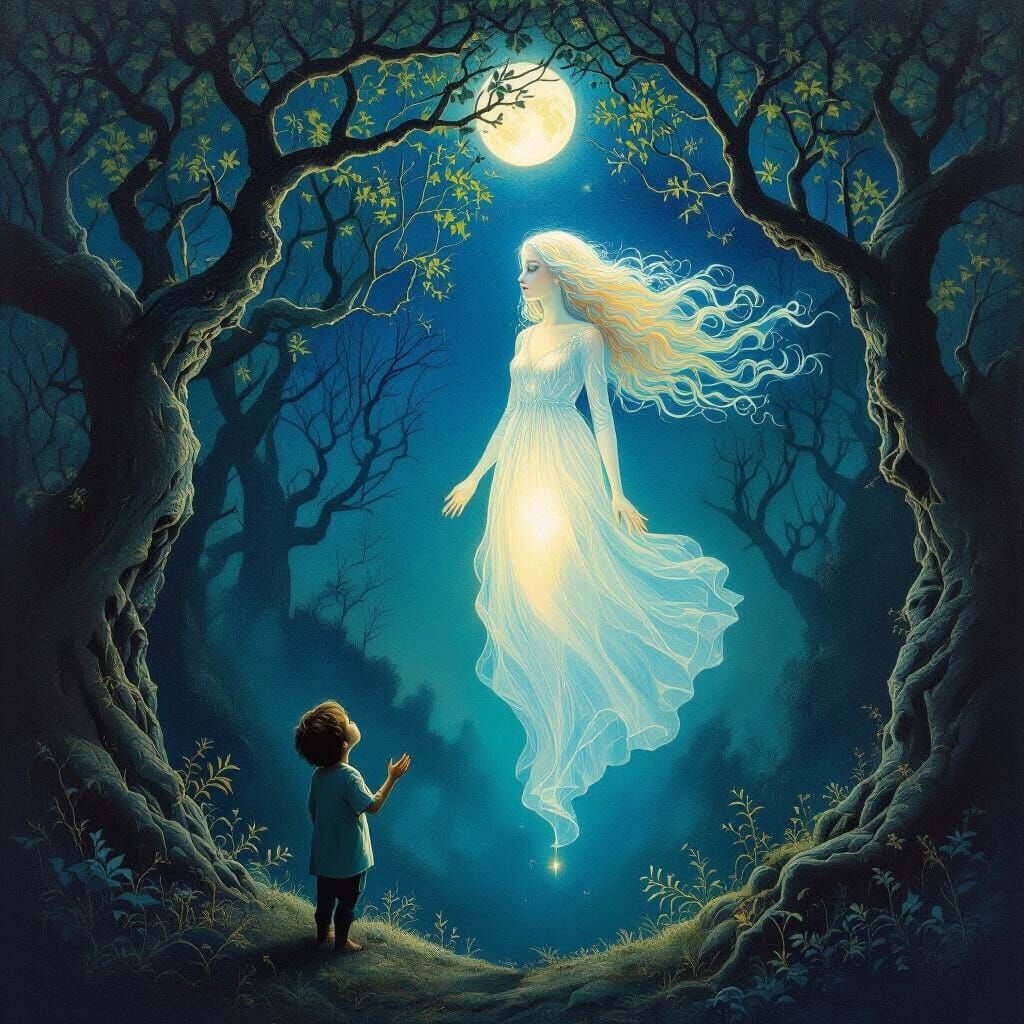 Surreal Oil Painting of Ethereal Woman Reaching Boy in Encha...