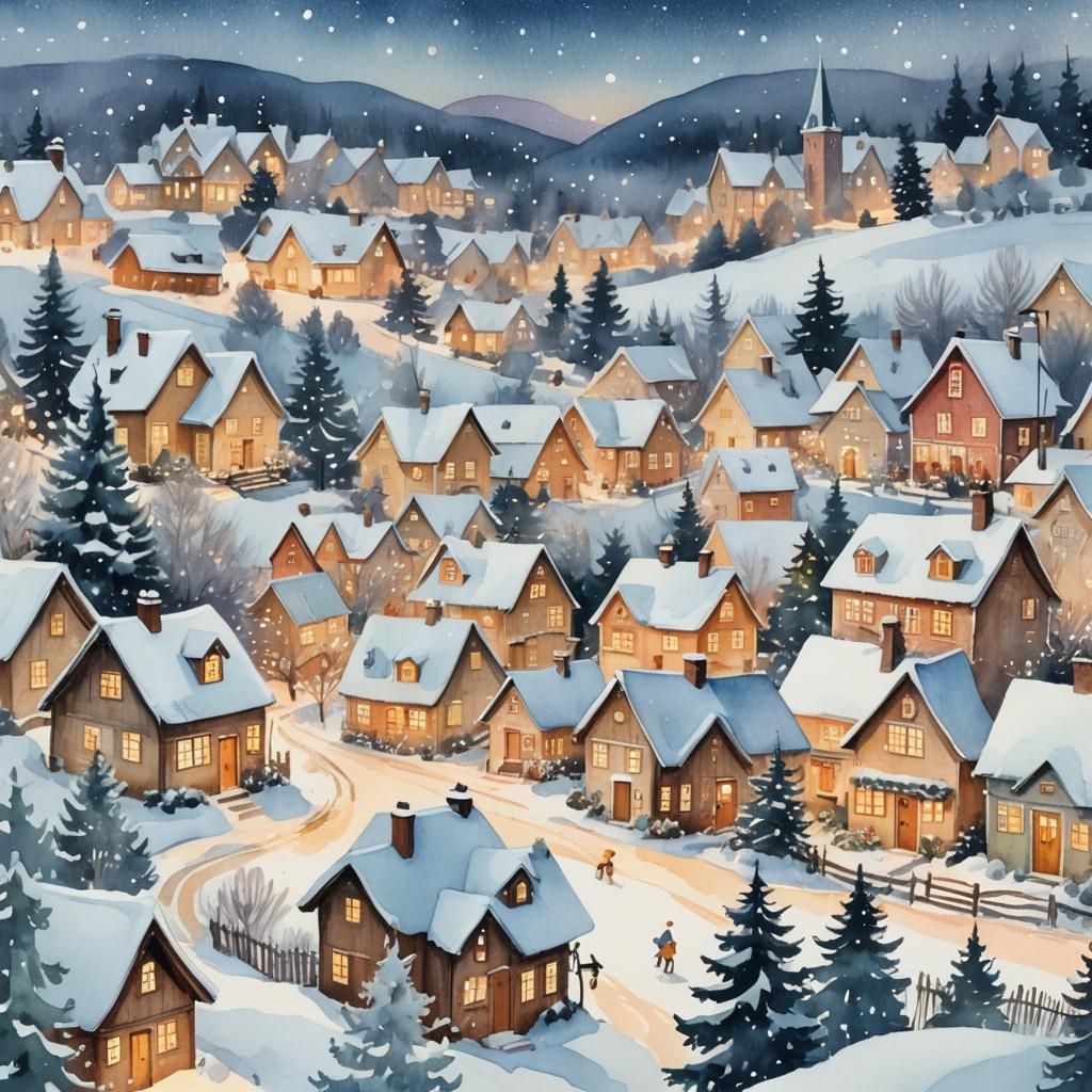 Festive Snowy Village in Watercolor Style