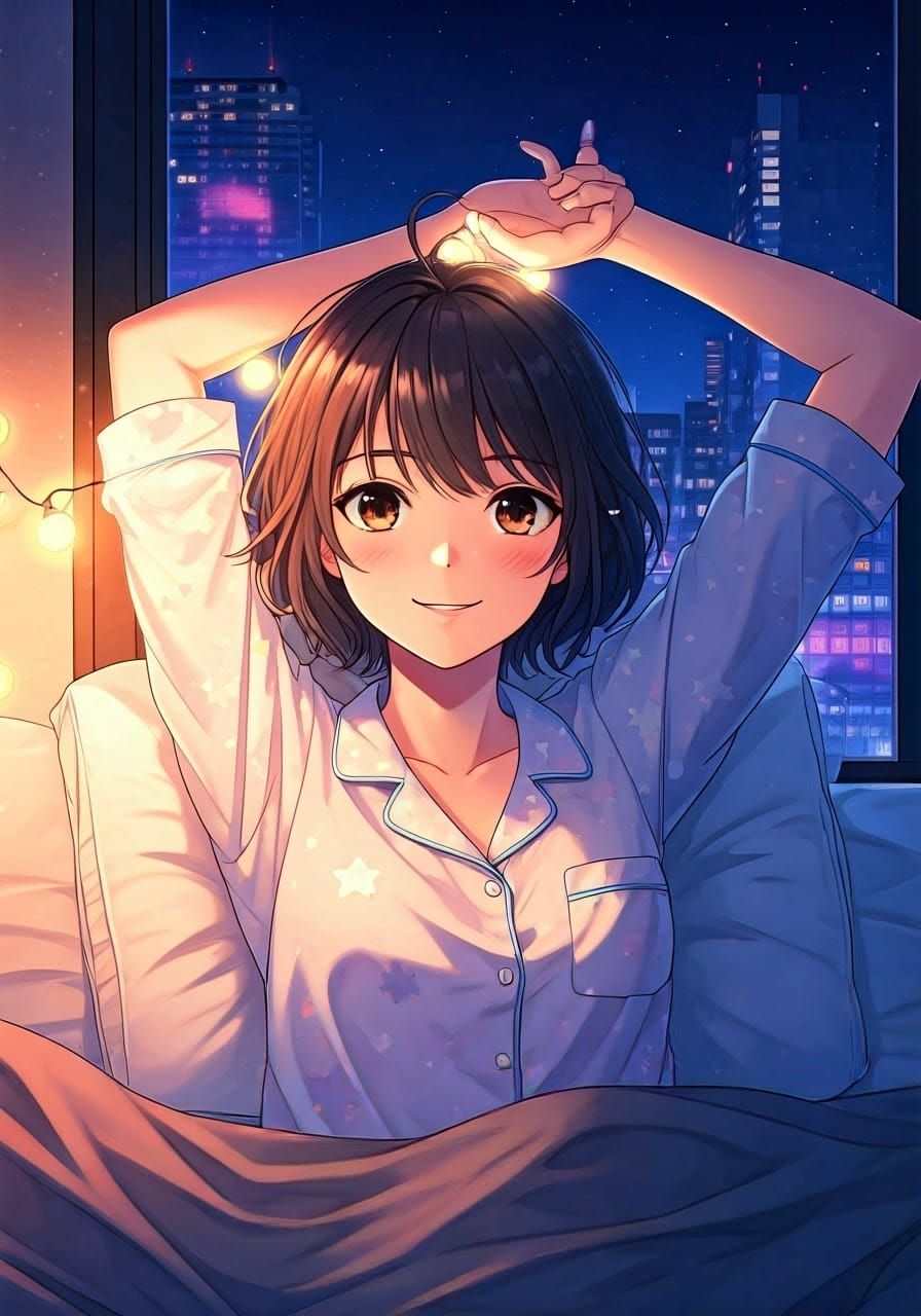 Anime Woman Relaxing in Tokyo at Night