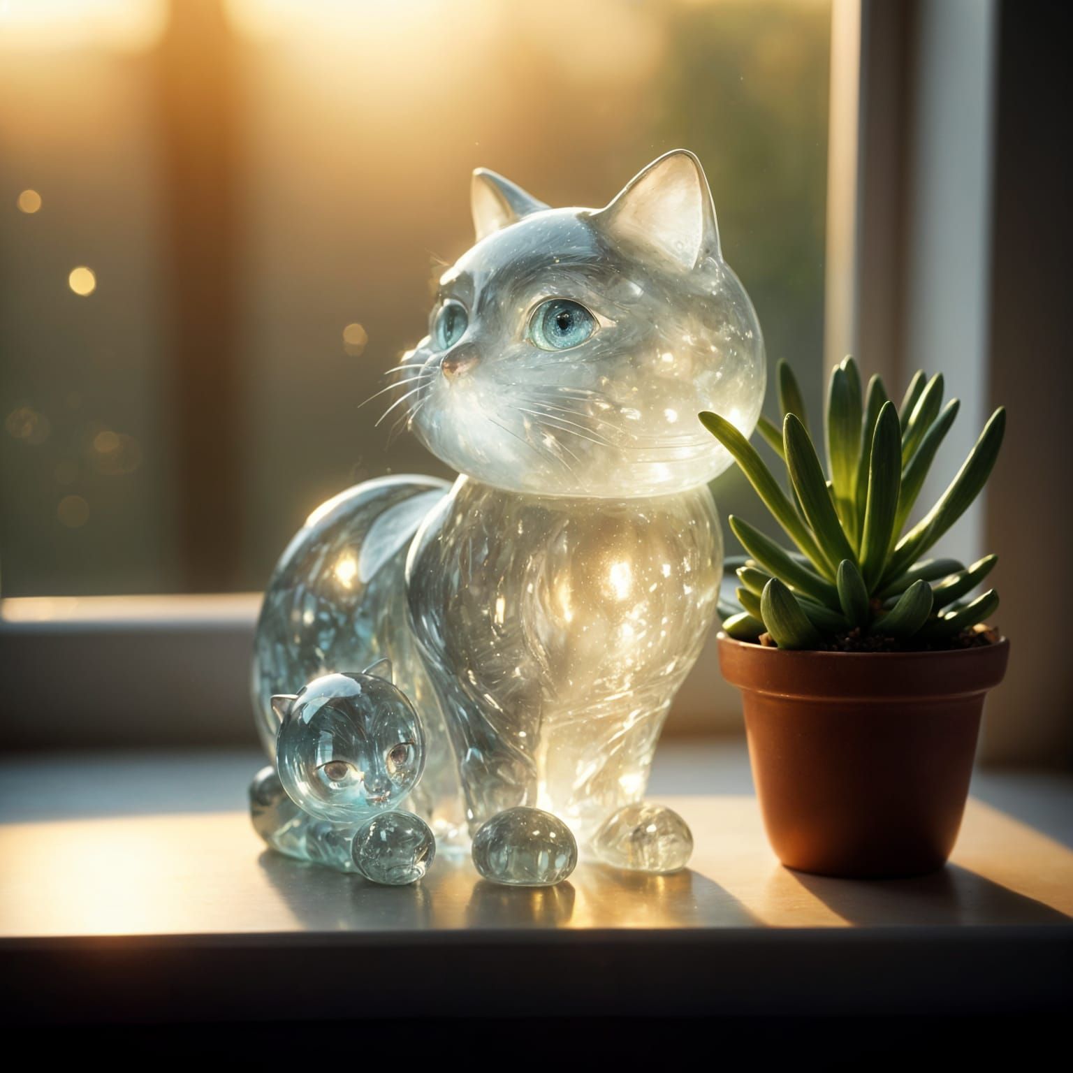 Opalite Glass Cat Figurine on Sunny Windowsill