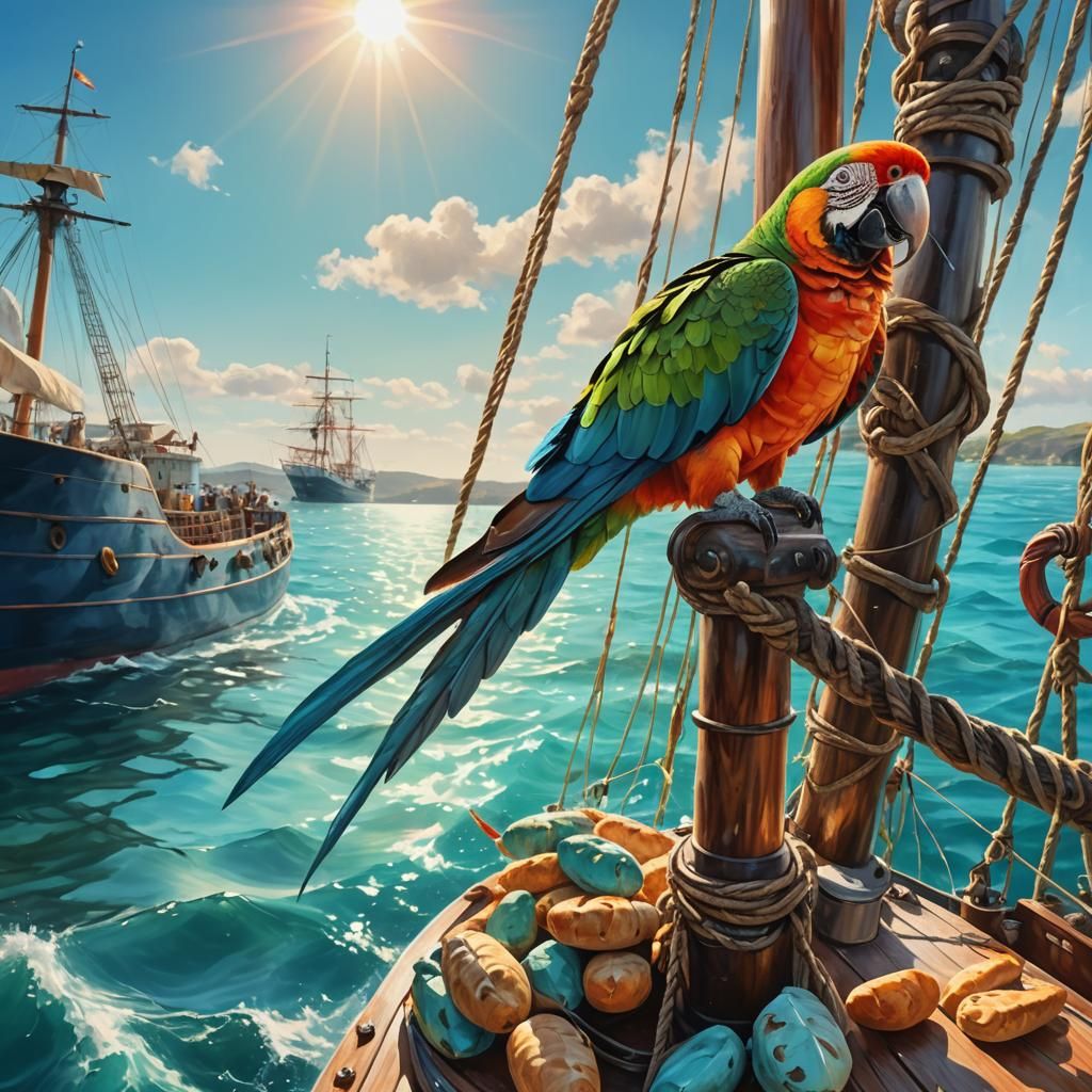 Parrot Feeding Fish: A Vibrant Oil Painting