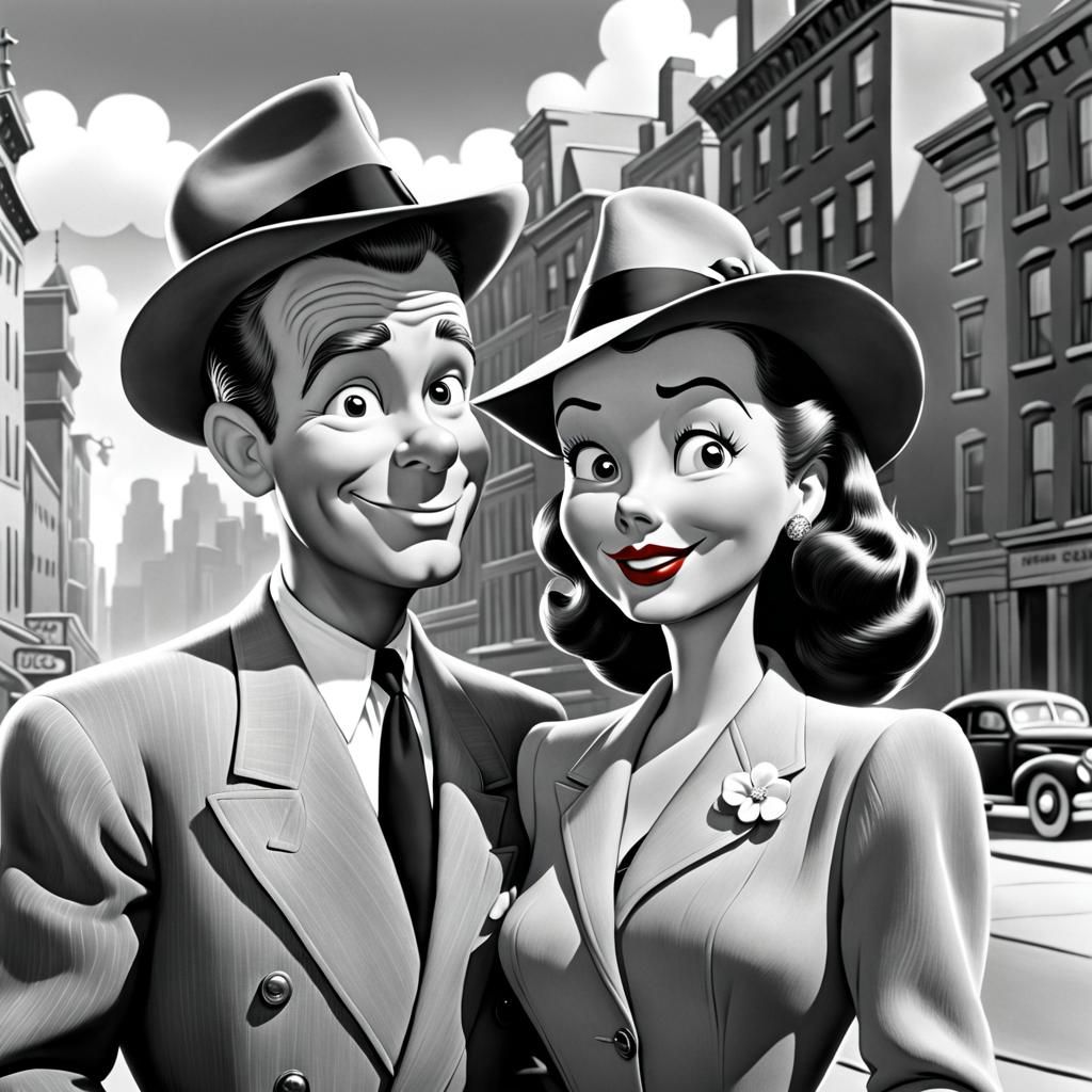 1940s Couple in City as Chuck Jones Cartoon