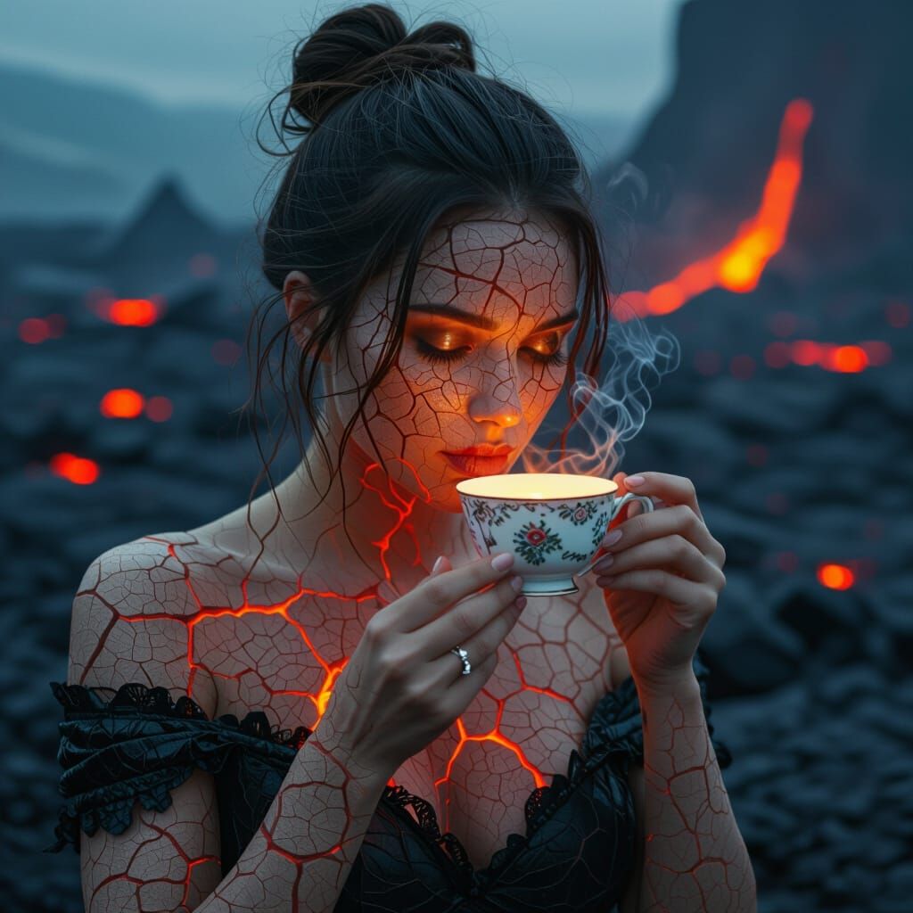 Volcanic Woman Sipping Tea: Surreal AI Art