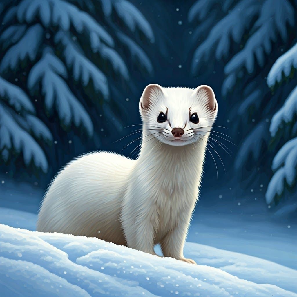 Serenely Contemplative Ermine in a Moonlit Winter Wonderland