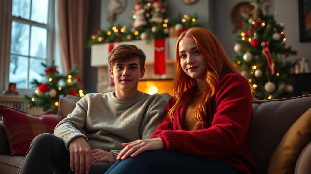 Cinematic Christmas Scene with Redheaded Teenage Couple