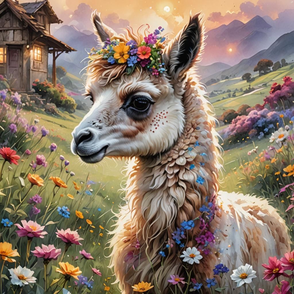 Chibi Llama in Peruvian Flower Meadow: Digital Watercolor
