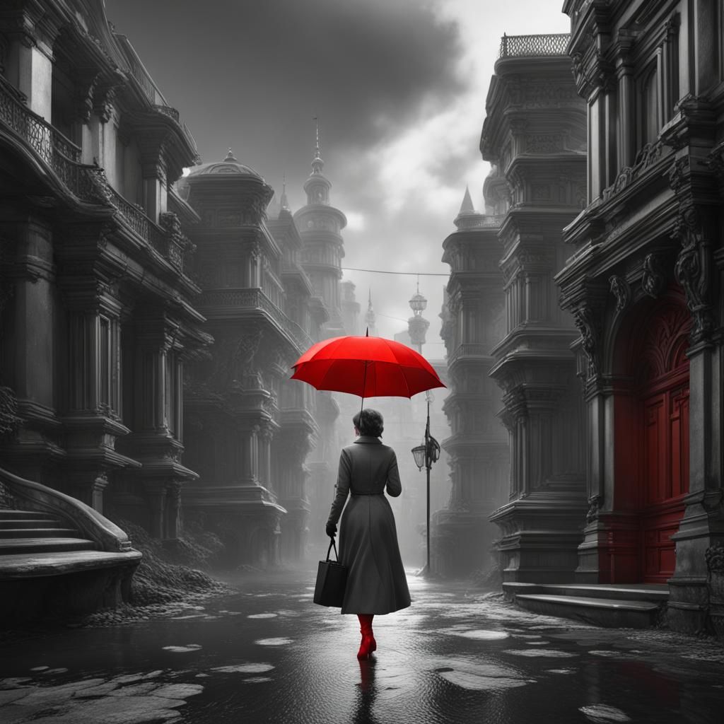 Monochrome Cityscape with Woman and Red Umbrella