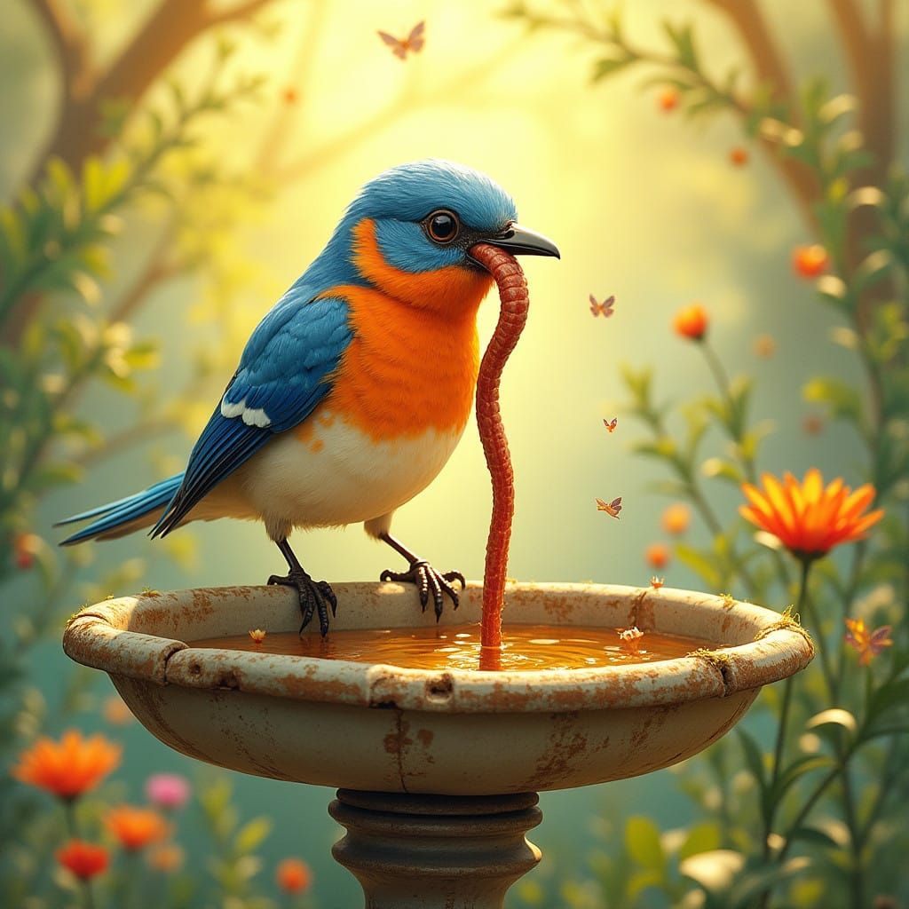 Whimsical Bird in a Sunny Garden Scene