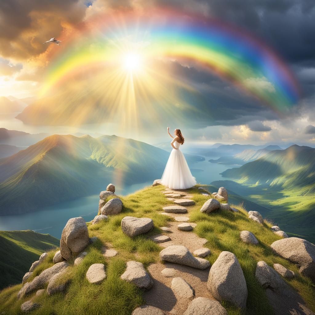 Mountain Castle Scene with Rainbow and Elegant Woman