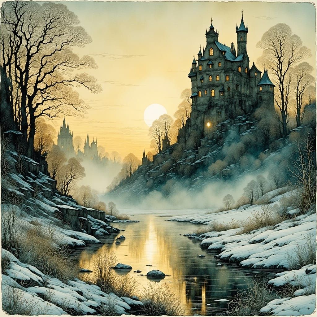 Dreamlike Castle Ruin Emerges in Shimmering Dawn