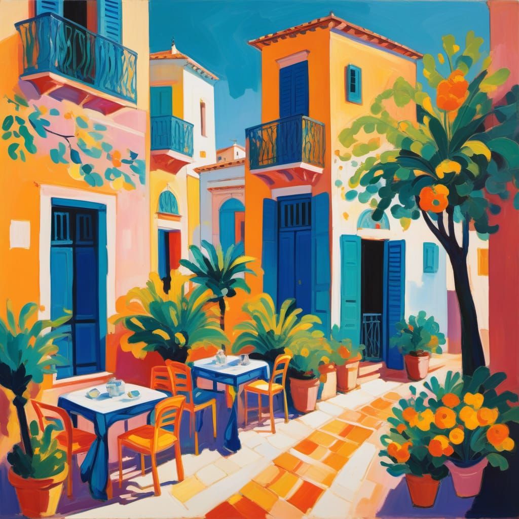 Fauvist Mediterranean Coastal Town Painting