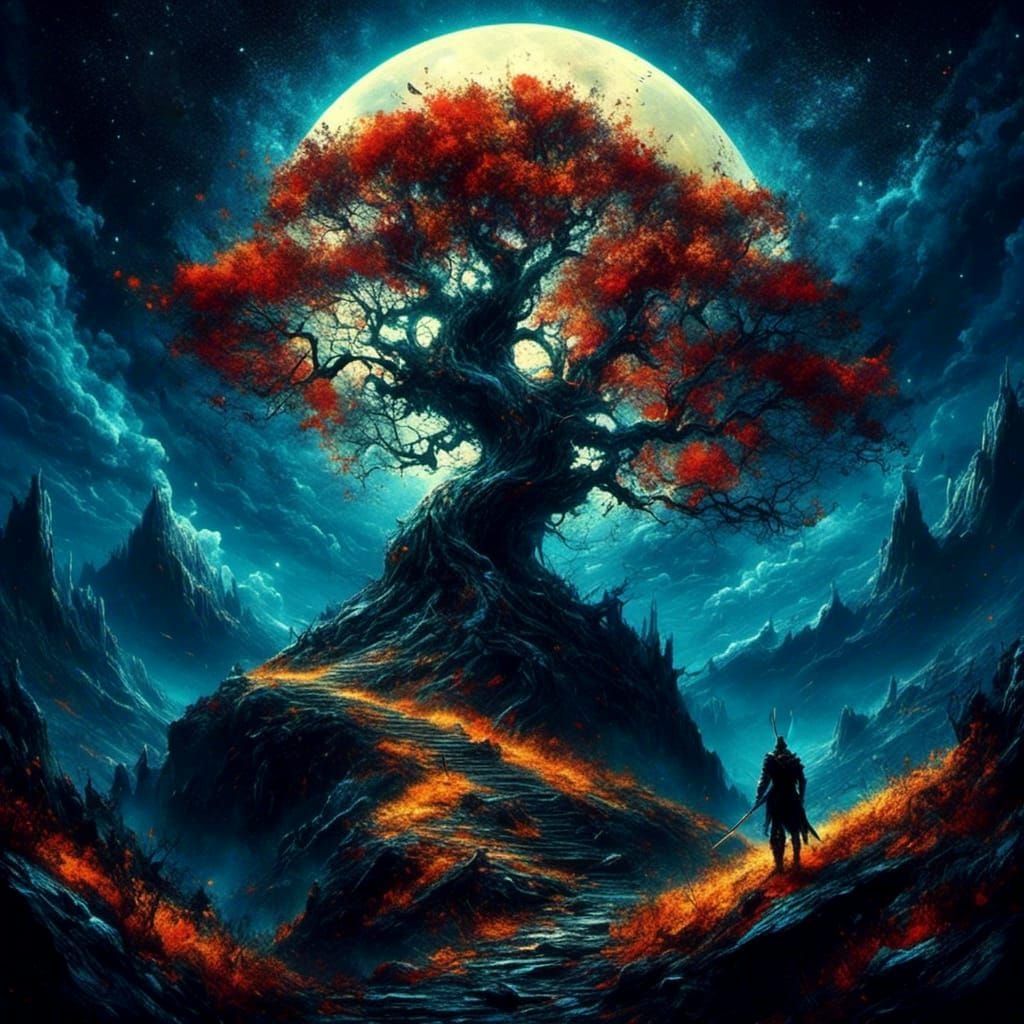 Yggdrasil Tree and Dark Warrior in Vivid Acrylics