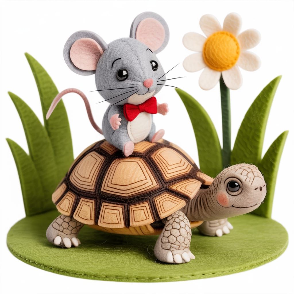 Felt Craft Sticker of Mouse Riding a Tortoise