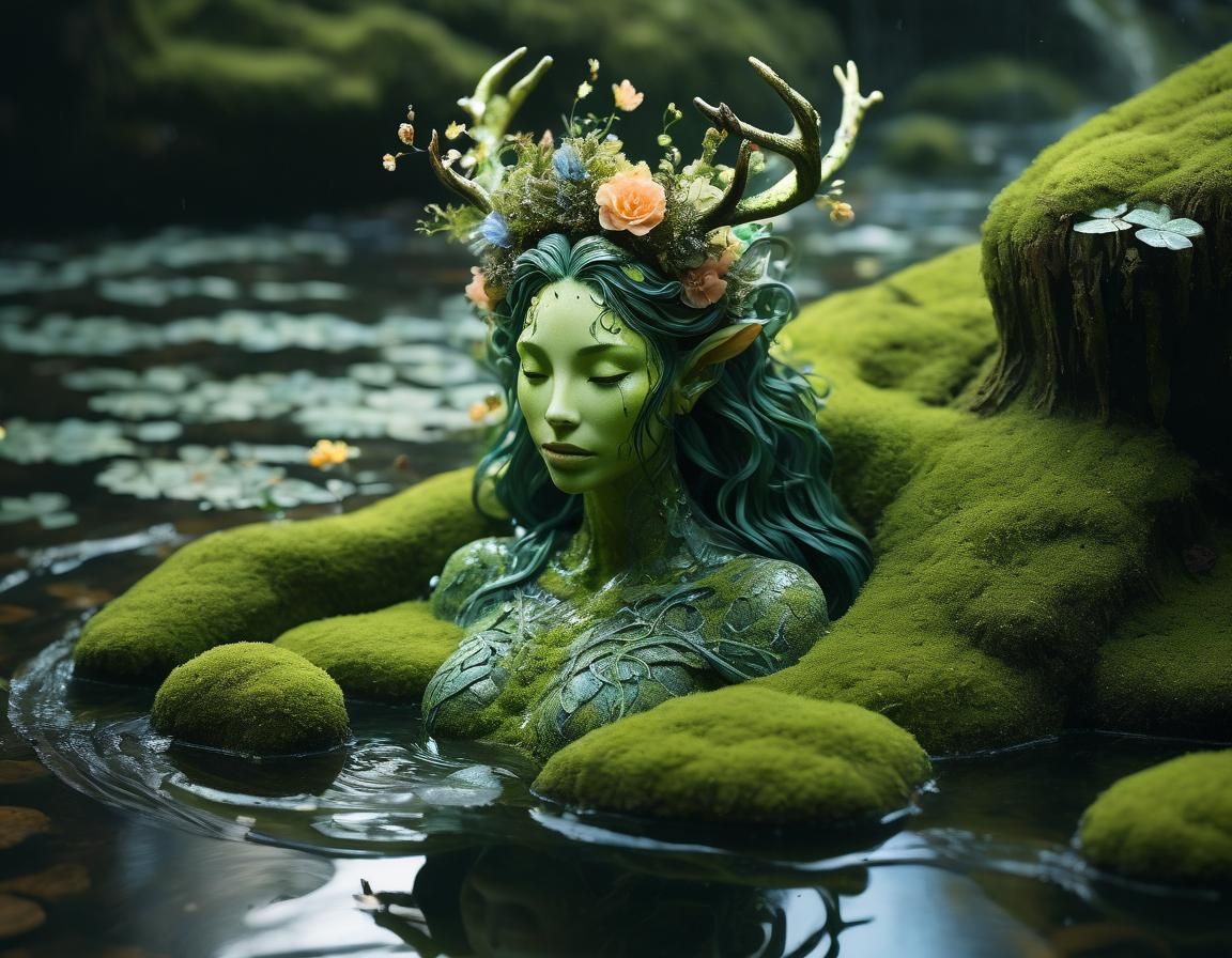 Moss Nymph in Enchanted Forest, Acrylic Pour
