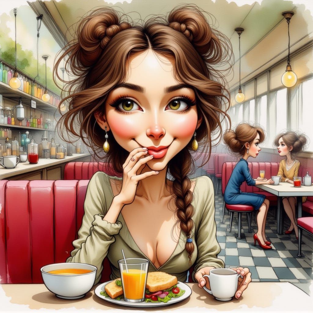 Boho Woman Eats Sandwich in Vibrant Watercolor Diner