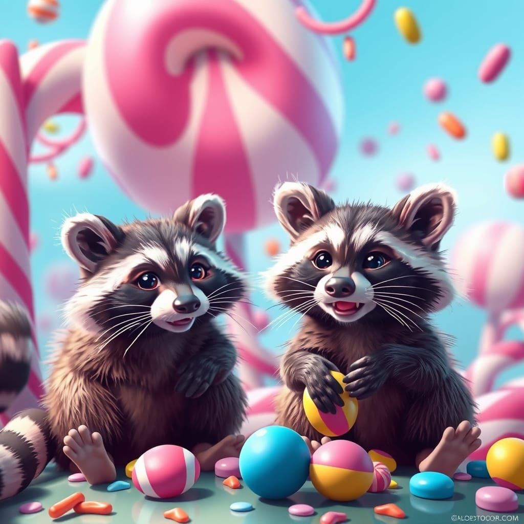 Playful Raccoons in Vibrant Candyland Art