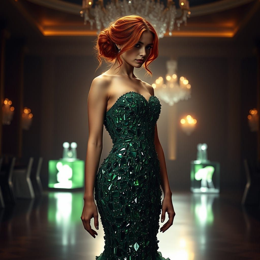 Ethereal Ballroom Beauty in Crystal Gown with Dark Green Hue...