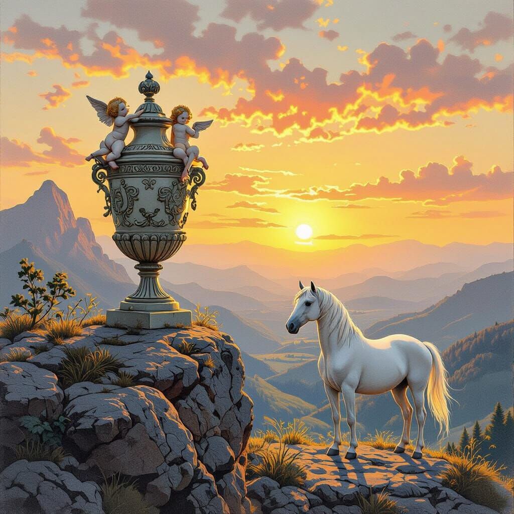 Majestic Horse and Celtic Urn at Sunset