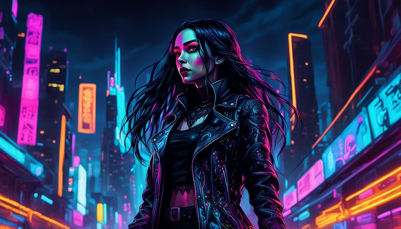 Gothic Cyberpunk Woman in Neon Cityscape