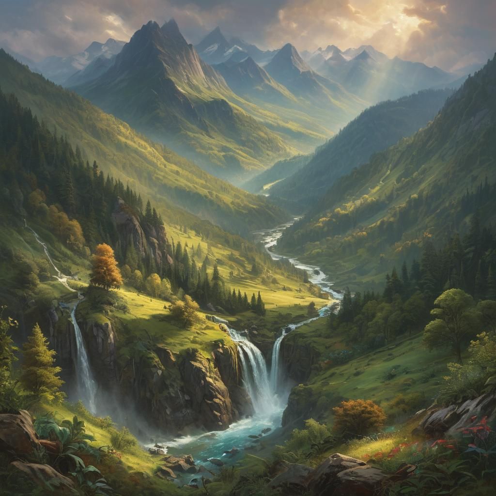 Cinematic Mountain Landscape with Iridescent Forests