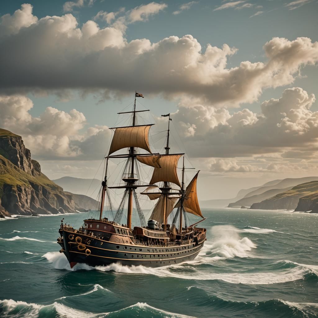 Victorian Steampunk Steamship at Sea: AI Art